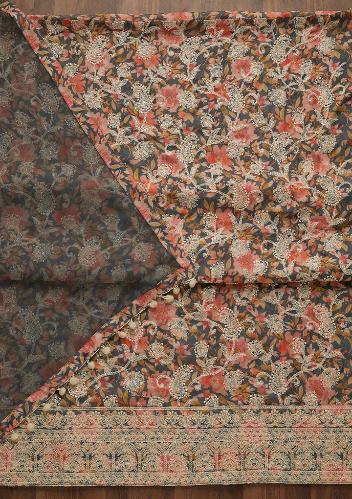 Grey Threadwork Georgette Unstitched Salwar Suit-Koskii