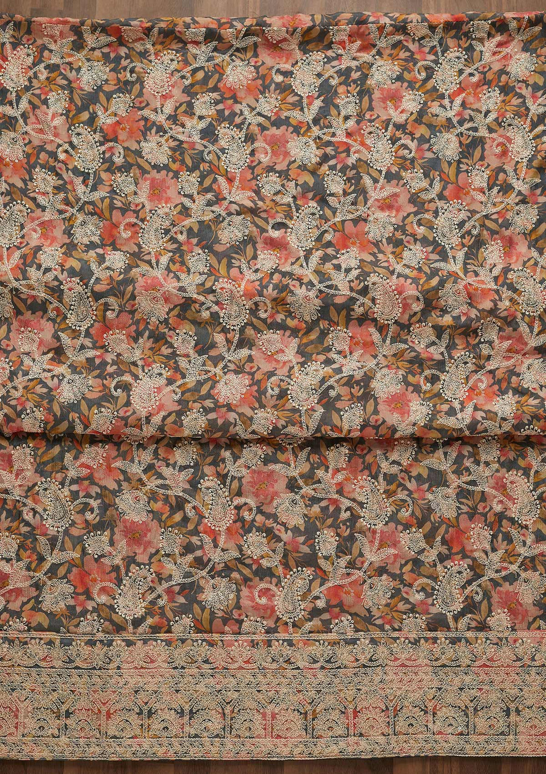 Grey Threadwork Georgette Unstitched Salwar Suit-Koskii