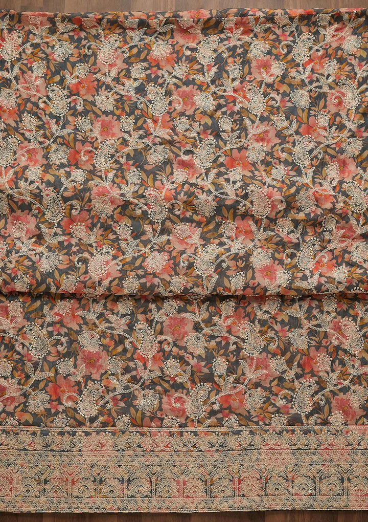 Grey Threadwork Georgette Unstitched Salwar Suit-Koskii