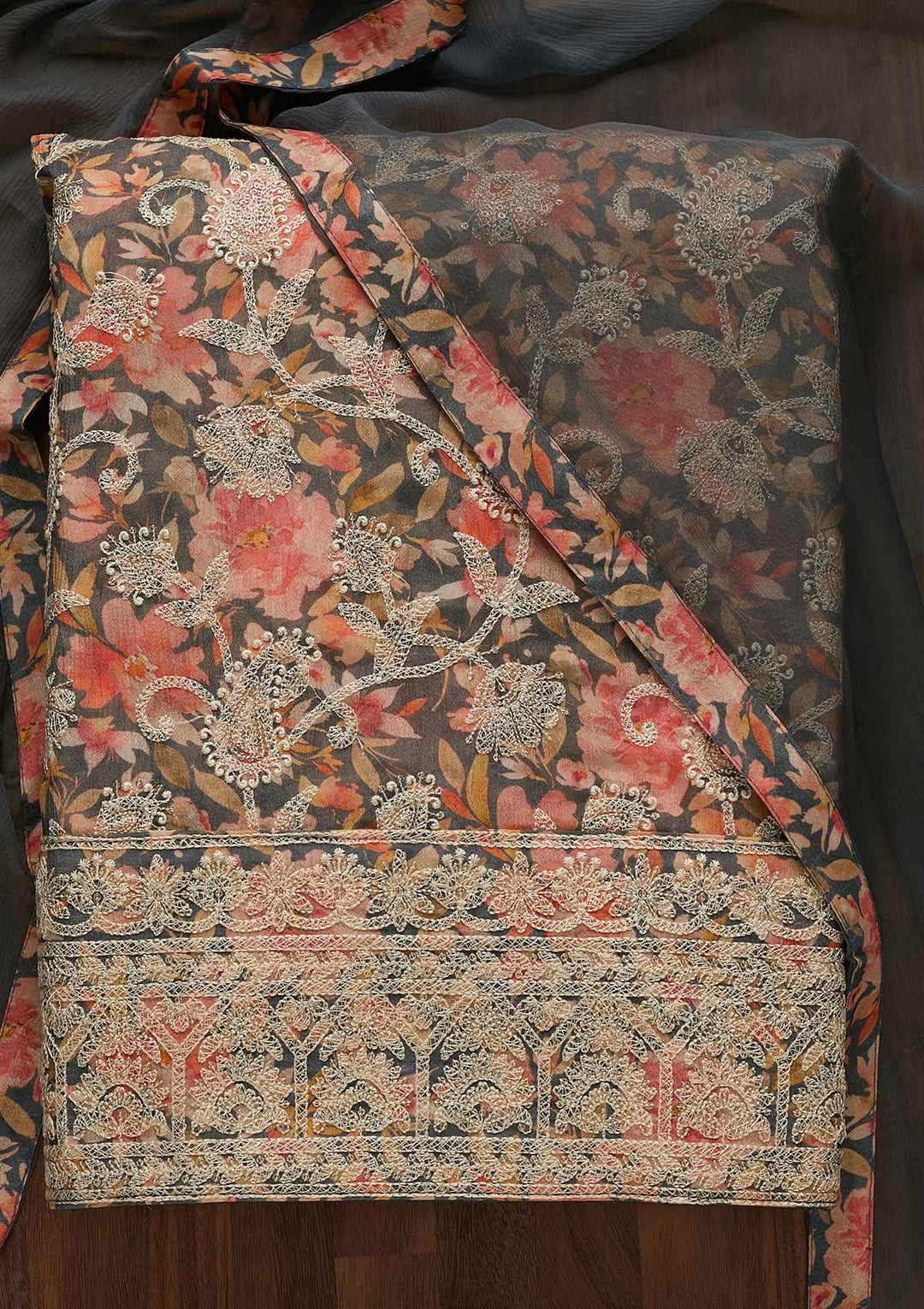 Grey Threadwork Georgette Unstitched Salwar Suit-Koskii