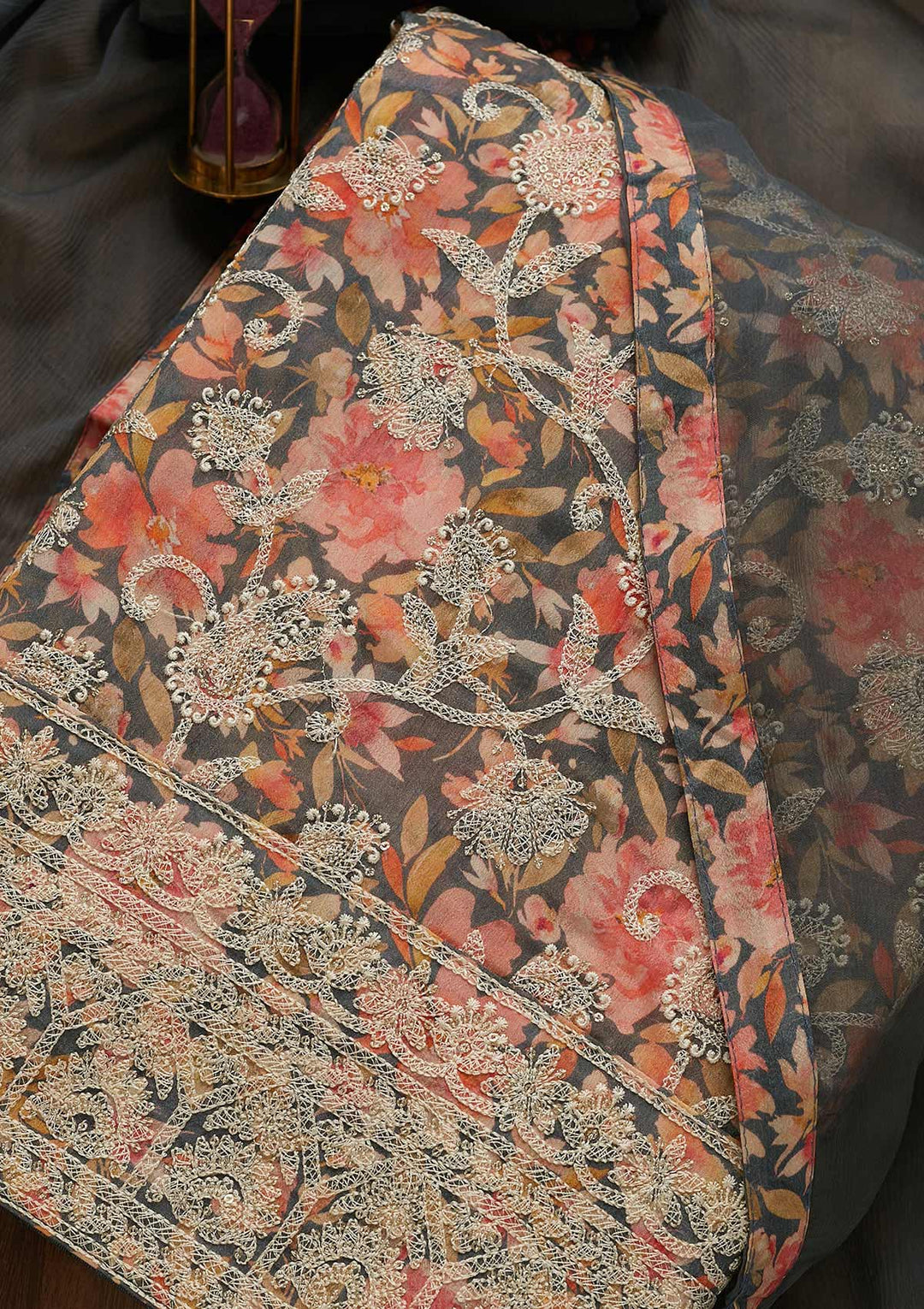 Grey Threadwork Georgette Unstitched Salwar Suit-Koskii