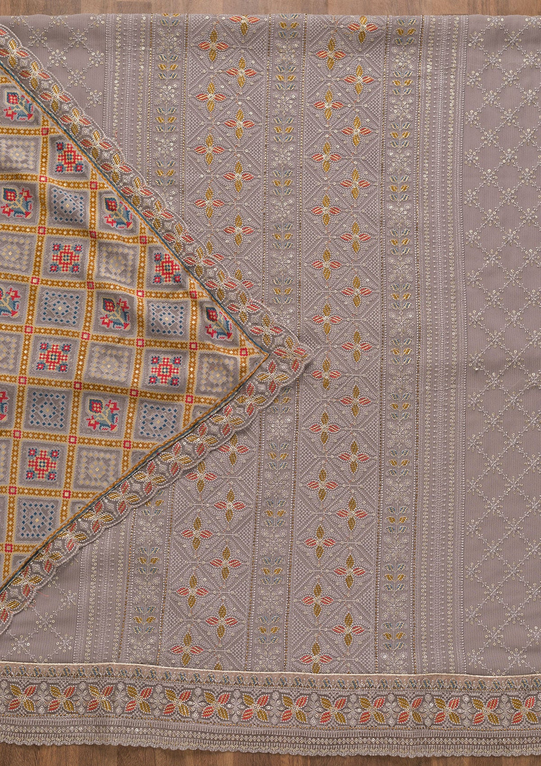 Grey Threadwork Georgette Unstitched Salwar Kameez-Koskii
