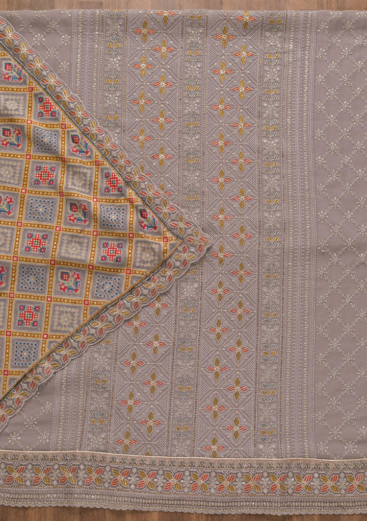 Grey Threadwork Georgette Unstitched Salwar Kameez-Koskii