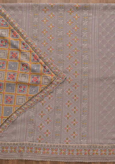 Grey Threadwork Georgette Unstitched Salwar Kameez-Koskii