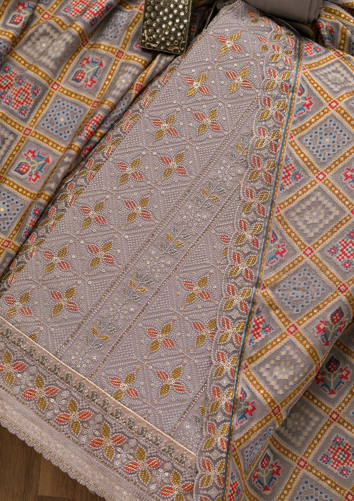 Grey Threadwork Georgette Unstitched Salwar Kameez-Koskii
