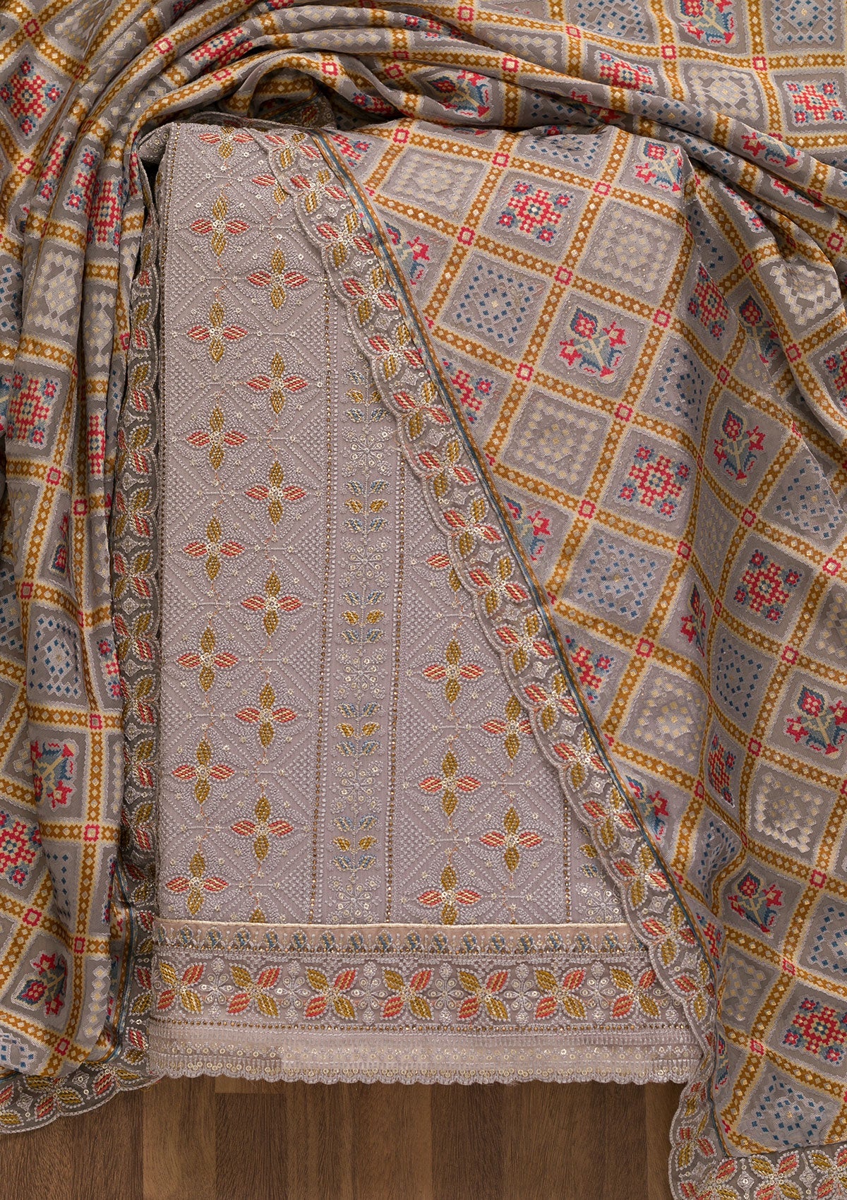 Grey Threadwork Georgette Unstitched Salwar Kameez-Koskii
