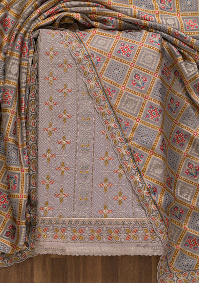 Grey Threadwork Georgette Unstitched Salwar Kameez-Koskii