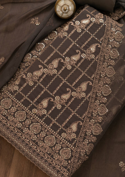 Grey Threadwork Georgette Unstitched Salwar Kameez-Koskii