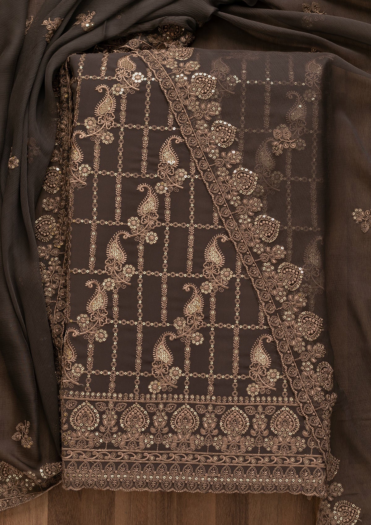 Grey Threadwork Georgette Unstitched Salwar Kameez-Koskii