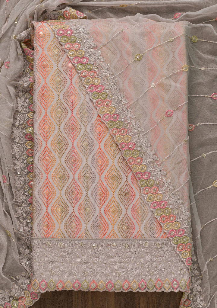 Grey Threadwork Georgette Unstitched Salwar Kameez-Koskii