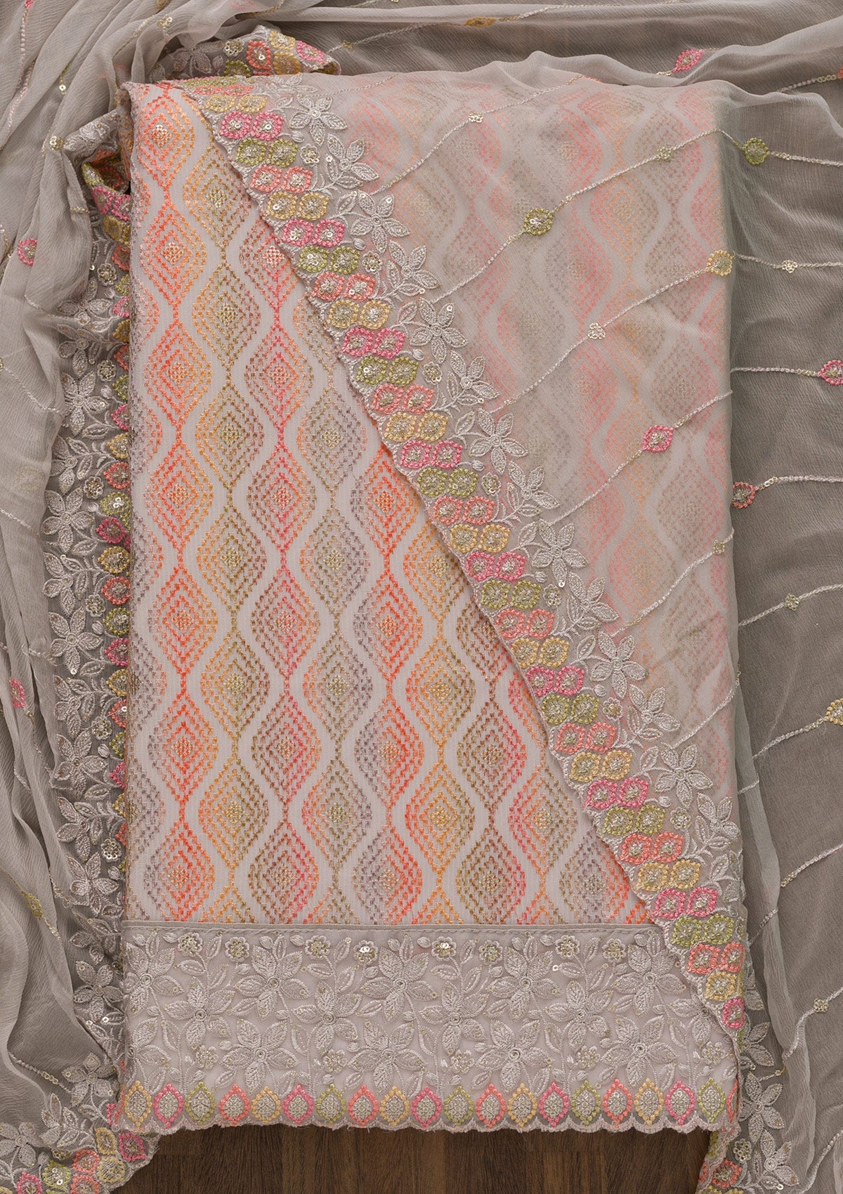 Grey Threadwork Georgette Unstitched Salwar Kameez-Koskii