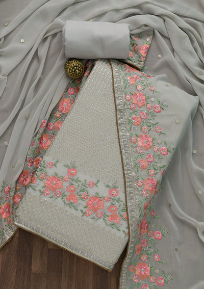 Grey Threadwork Georgette Unstitched Salwar Suit-Koskii