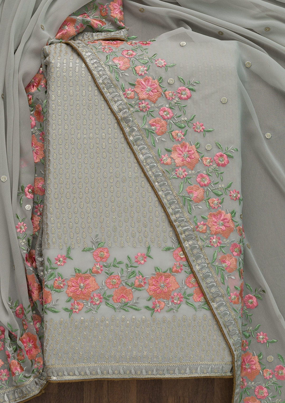 Grey Threadwork Georgette Unstitched Salwar Suit-Koskii
