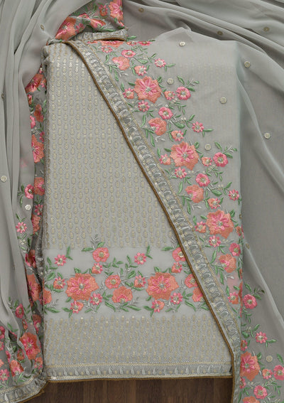 Grey Threadwork Georgette Unstitched Salwar Suit-Koskii