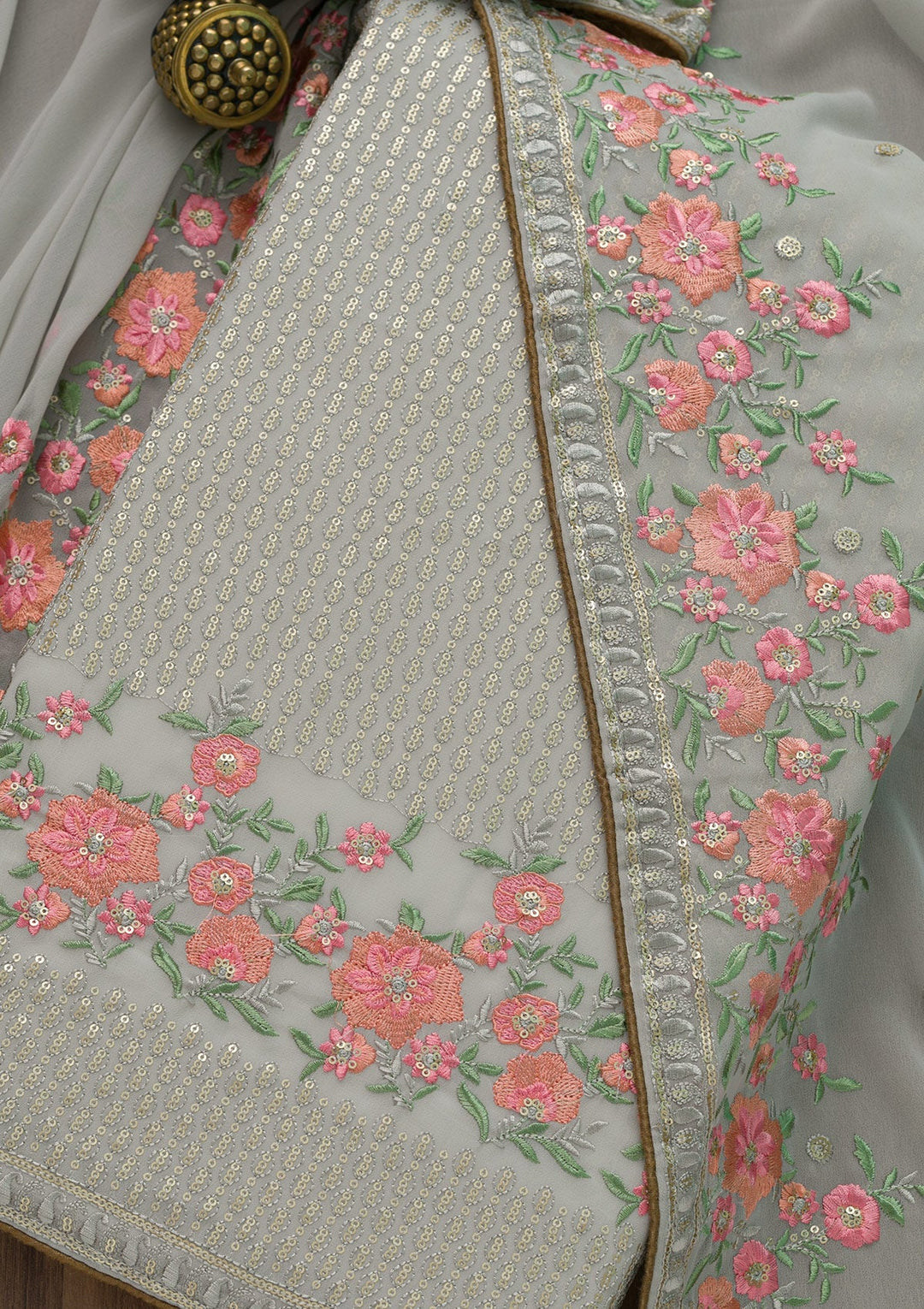 Grey Threadwork Georgette Unstitched Salwar Suit-Koskii