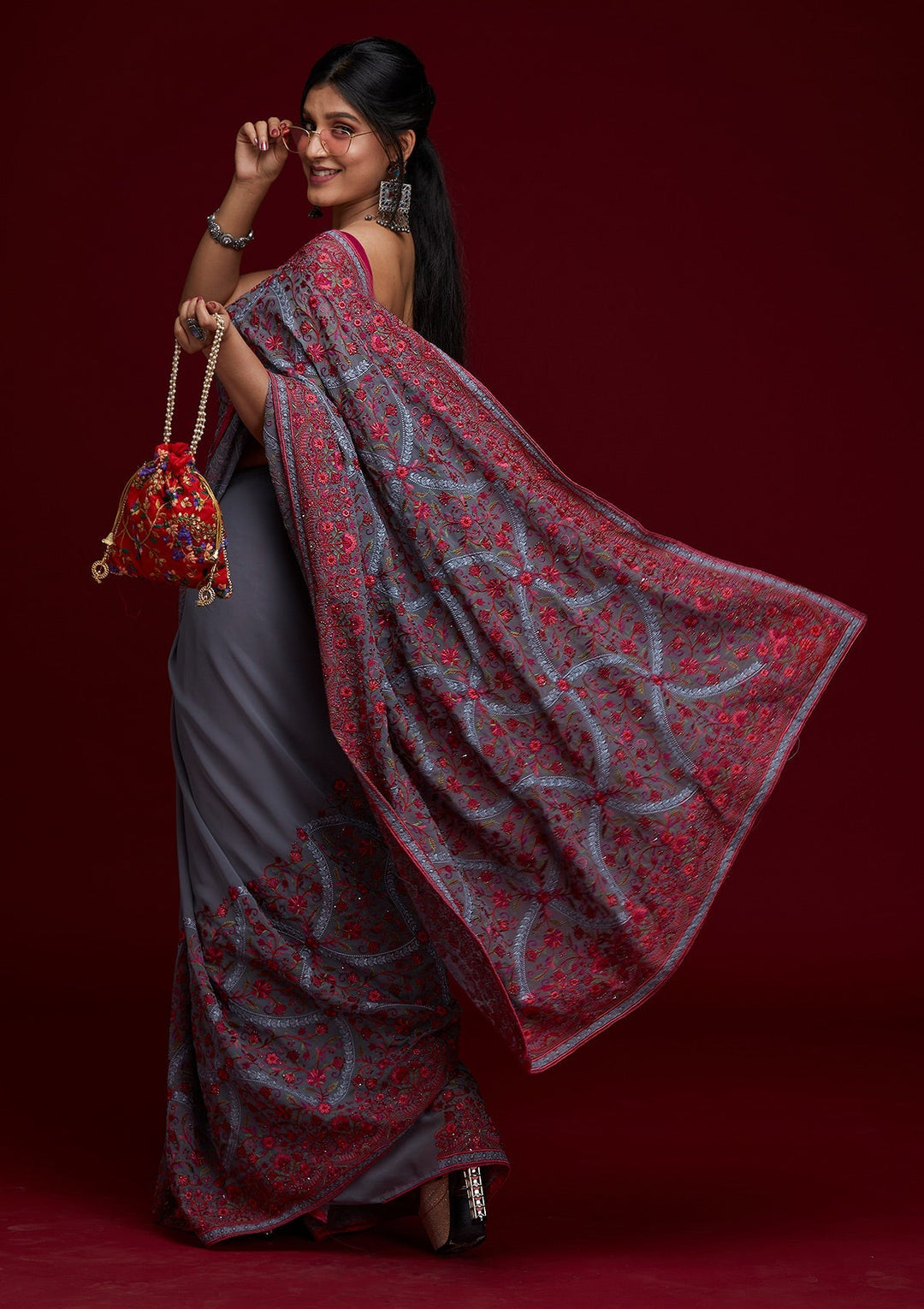 Grey Threadwork Georgette Saree- Koskii