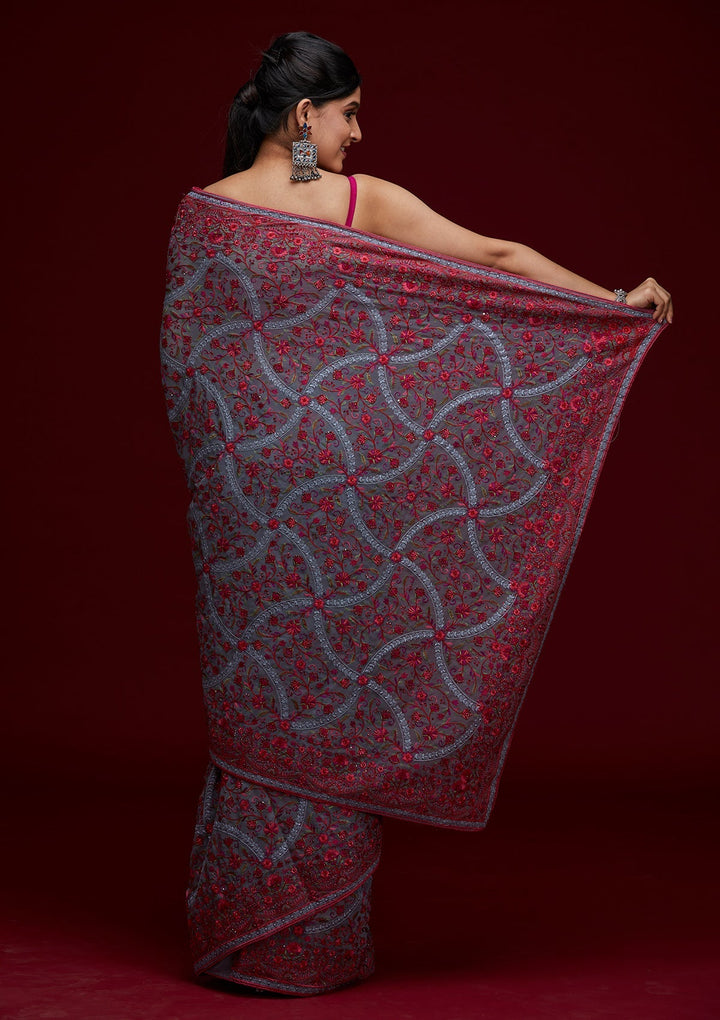 Grey Threadwork Georgette Saree - Koskii