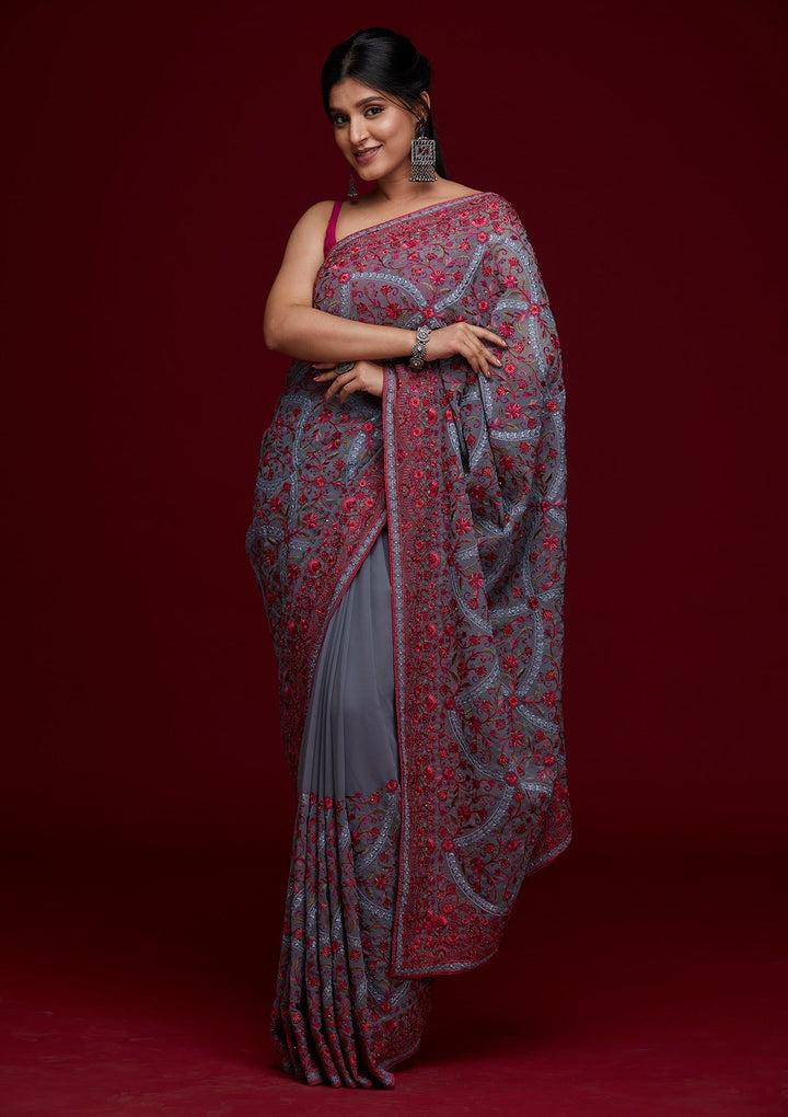 Grey Threadwork Georgette Saree - Koskii