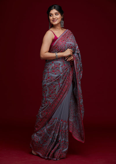 Grey Threadwork Georgette Saree - Koskii