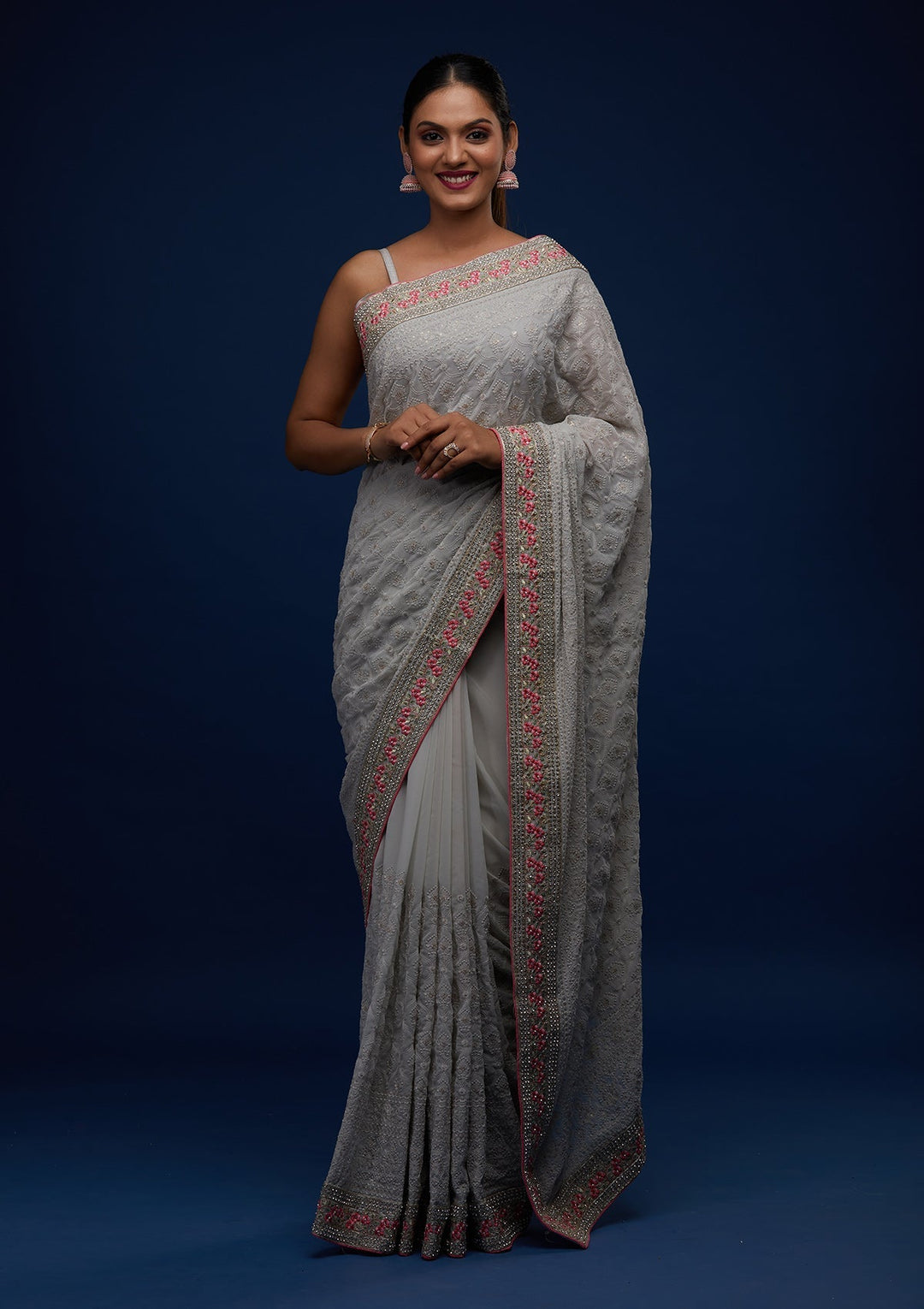 Grey Threadwork Georgette Designer Saree - Koskii