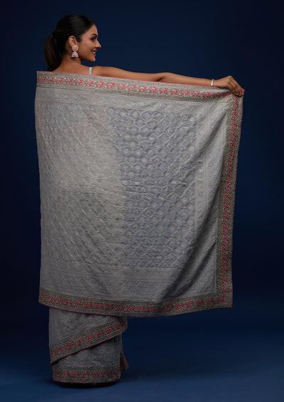 Grey Threadwork Georgette Designer Saree - Koskii