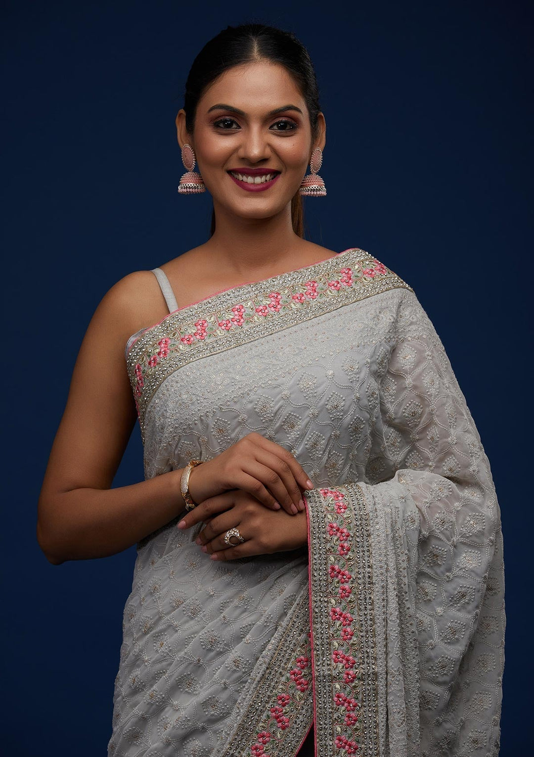 Grey Threadwork Georgette Designer Saree - Koskii