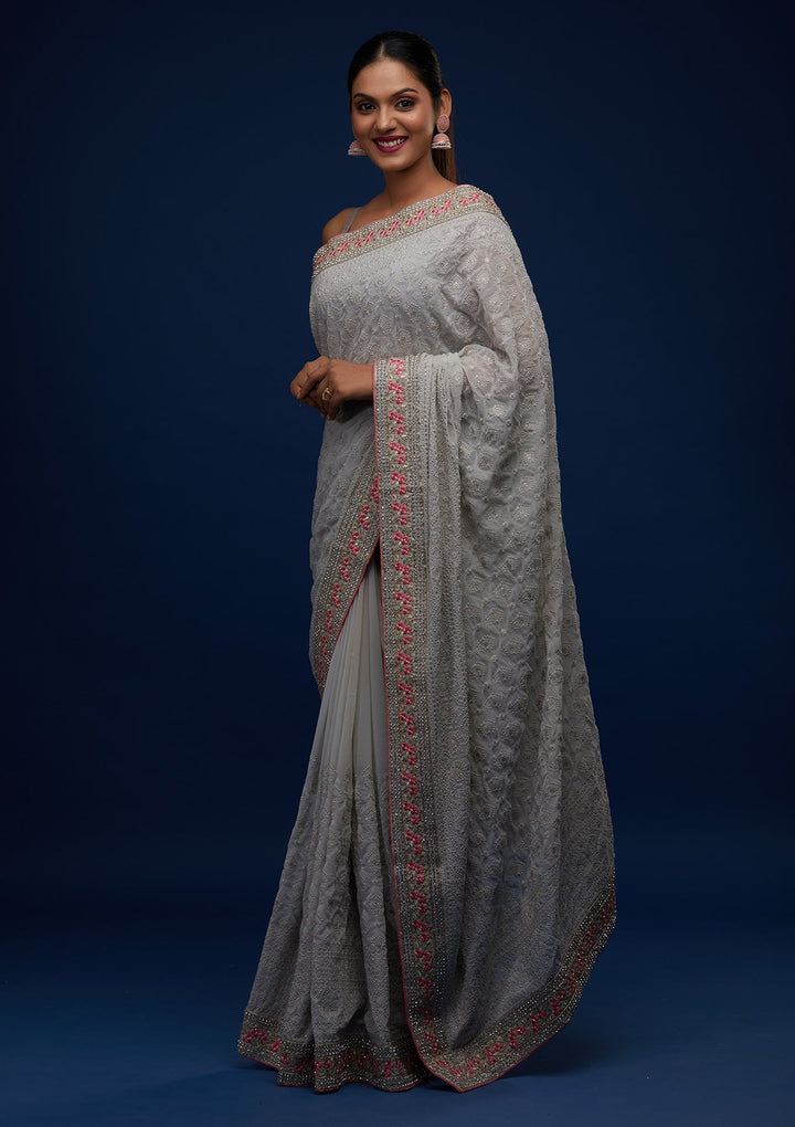 Grey Threadwork Georgette Designer Saree - Koskii