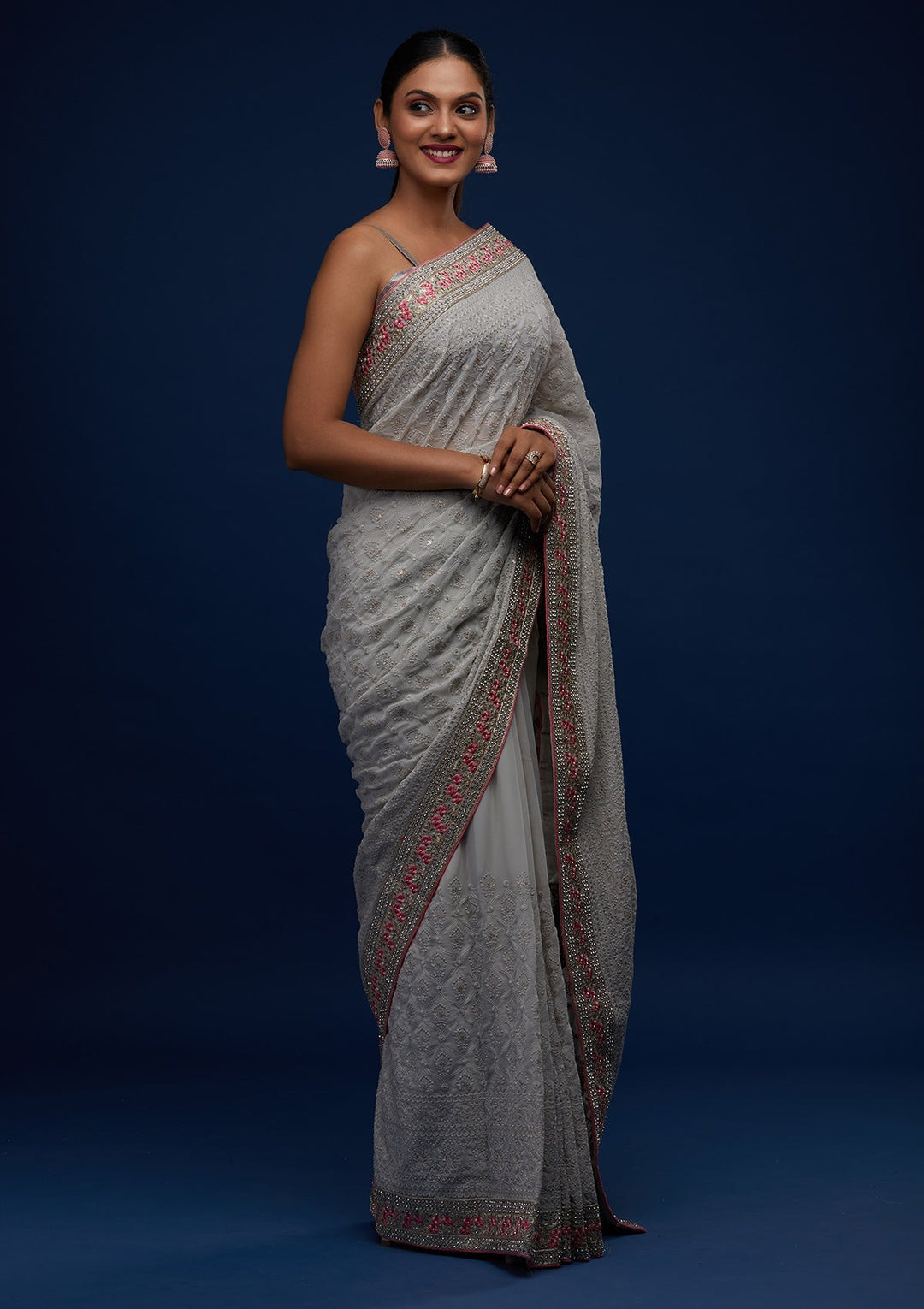 Grey Threadwork Georgette Designer Saree - Koskii