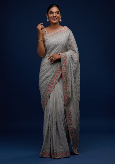 Grey Threadwork Georgette Designer Saree - Koskii