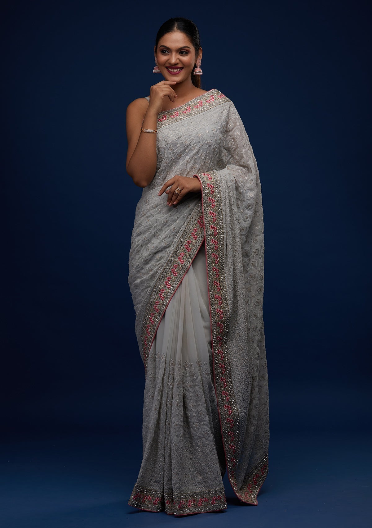 Grey Threadwork Georgette Designer Saree - Koskii
