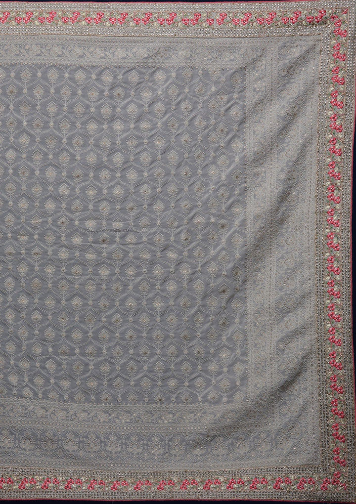 Grey Threadwork Georgette Designer Saree - Koskii