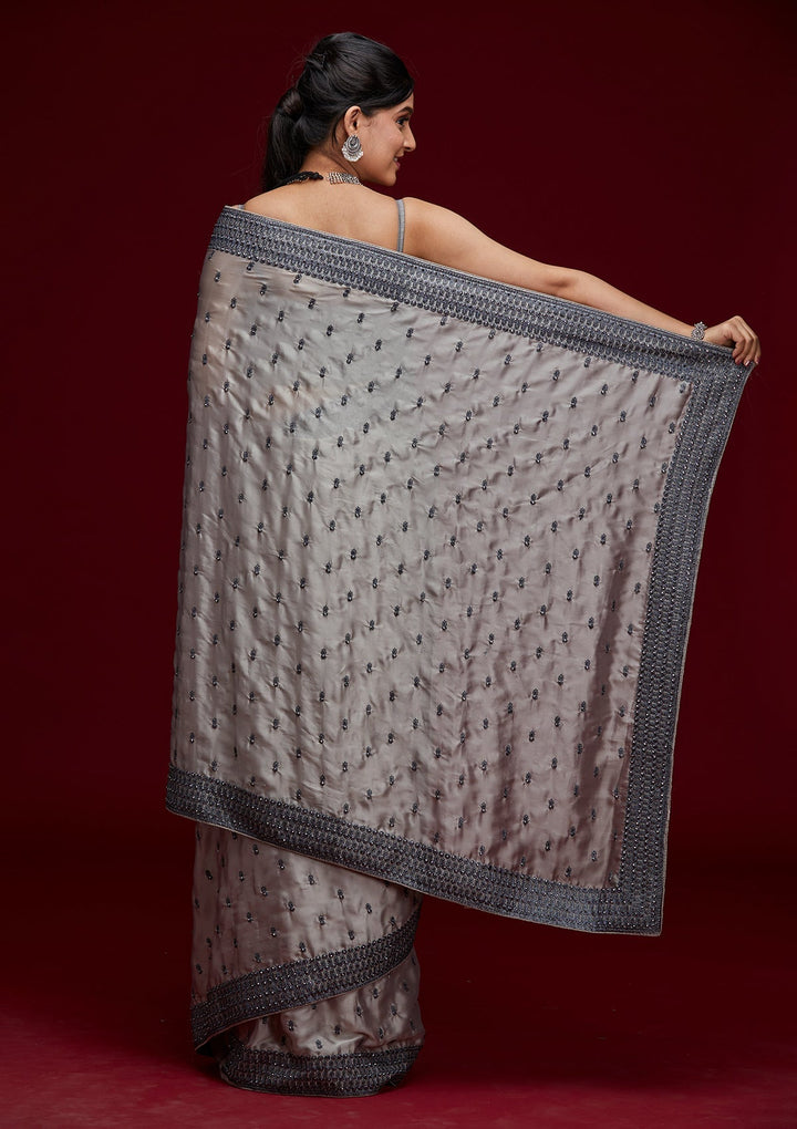 Grey Threadwork Georgette Saree - Koskii