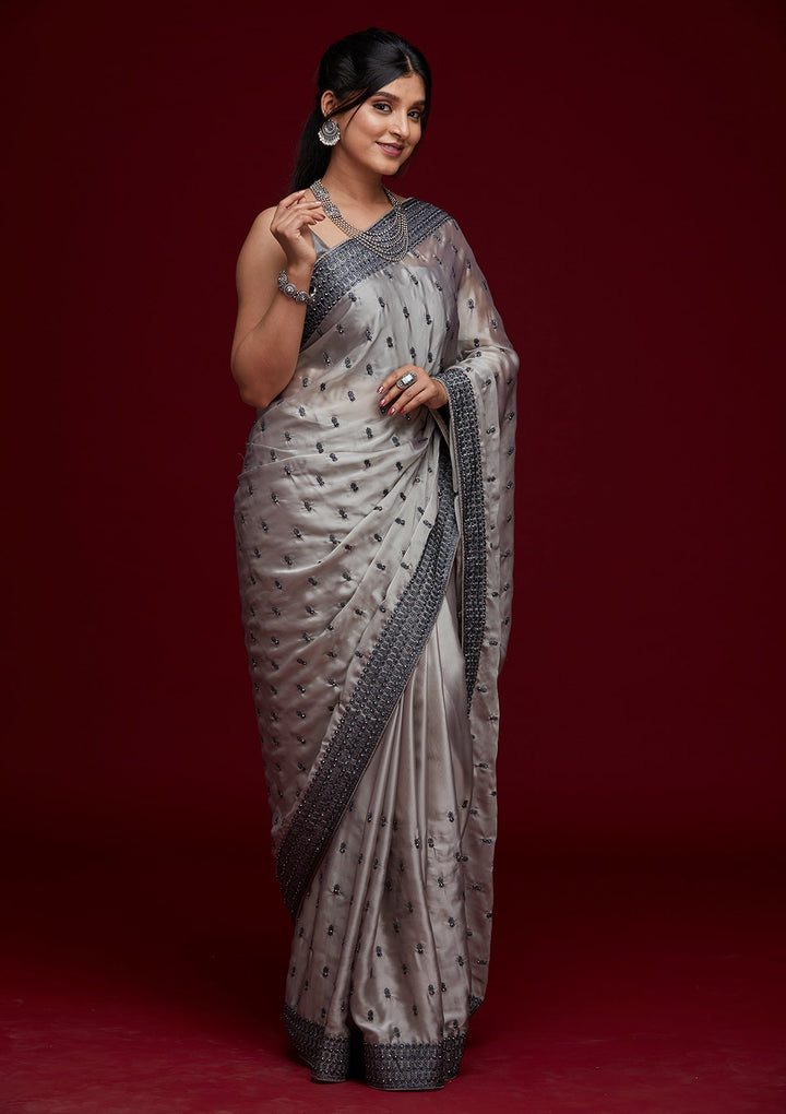 Grey Threadwork Georgette Saree - Koskii
