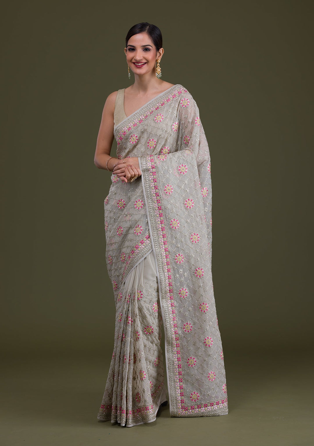 Grey Threadwork Georgette Saree-Koskii