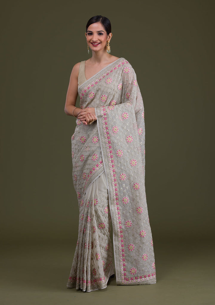 Grey Threadwork Georgette Saree-Koskii