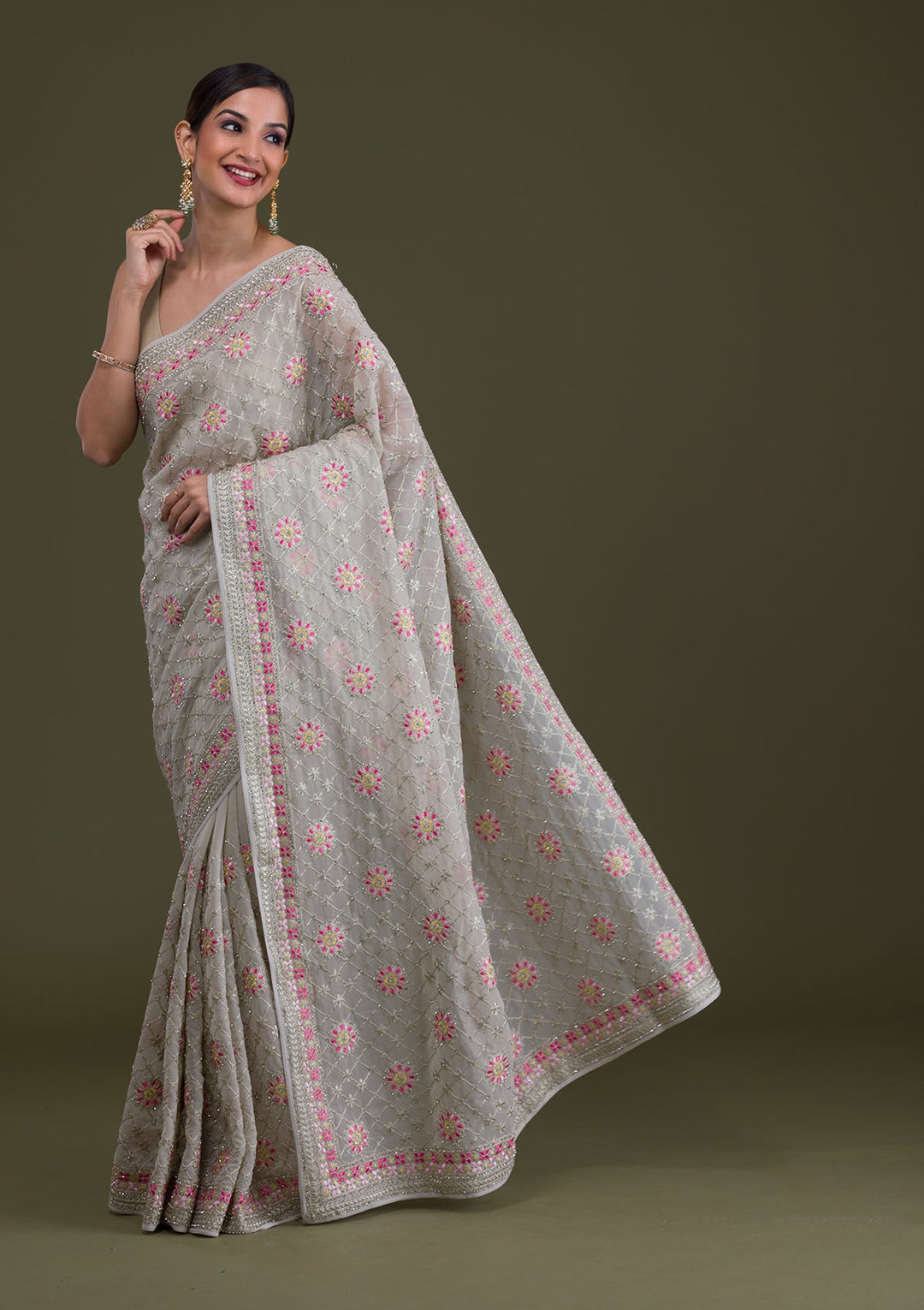 Grey Threadwork Georgette Saree-Koskii