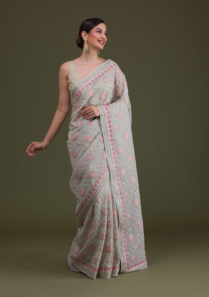 Grey Threadwork Georgette Saree-Koskii