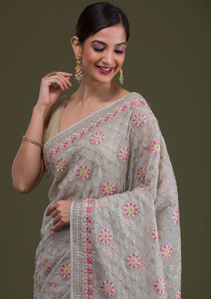 Grey Threadwork Georgette Saree-Koskii