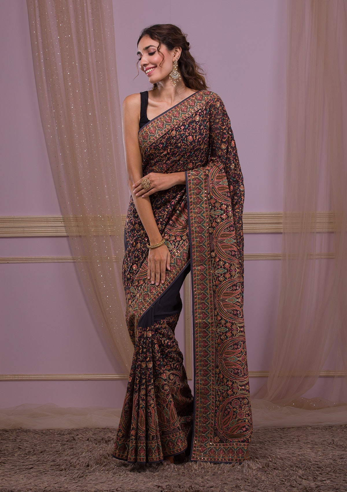 Grey Threadwork Georgette Saree-Koskii