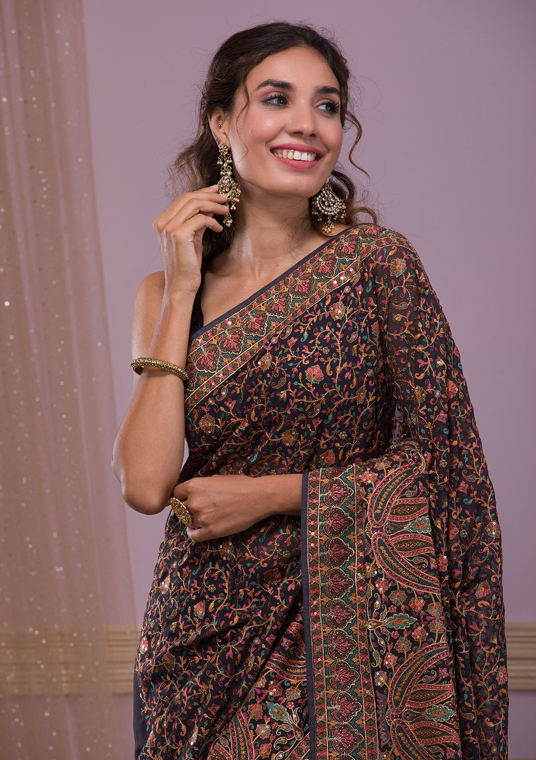 Grey Threadwork Georgette Saree-Koskii