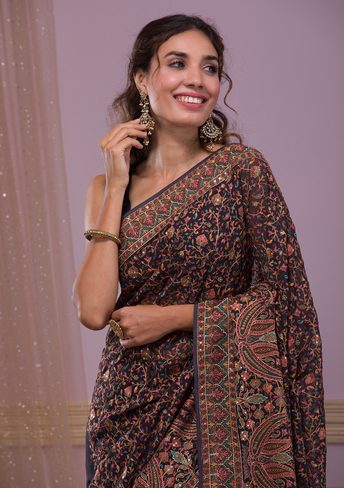 Grey Threadwork Georgette Saree-Koskii