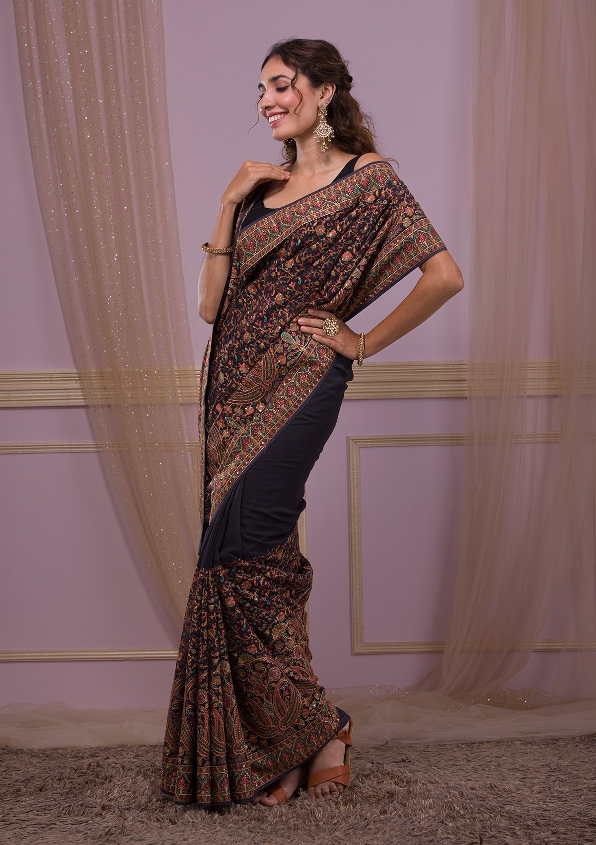 Grey Threadwork Georgette Saree-Koskii