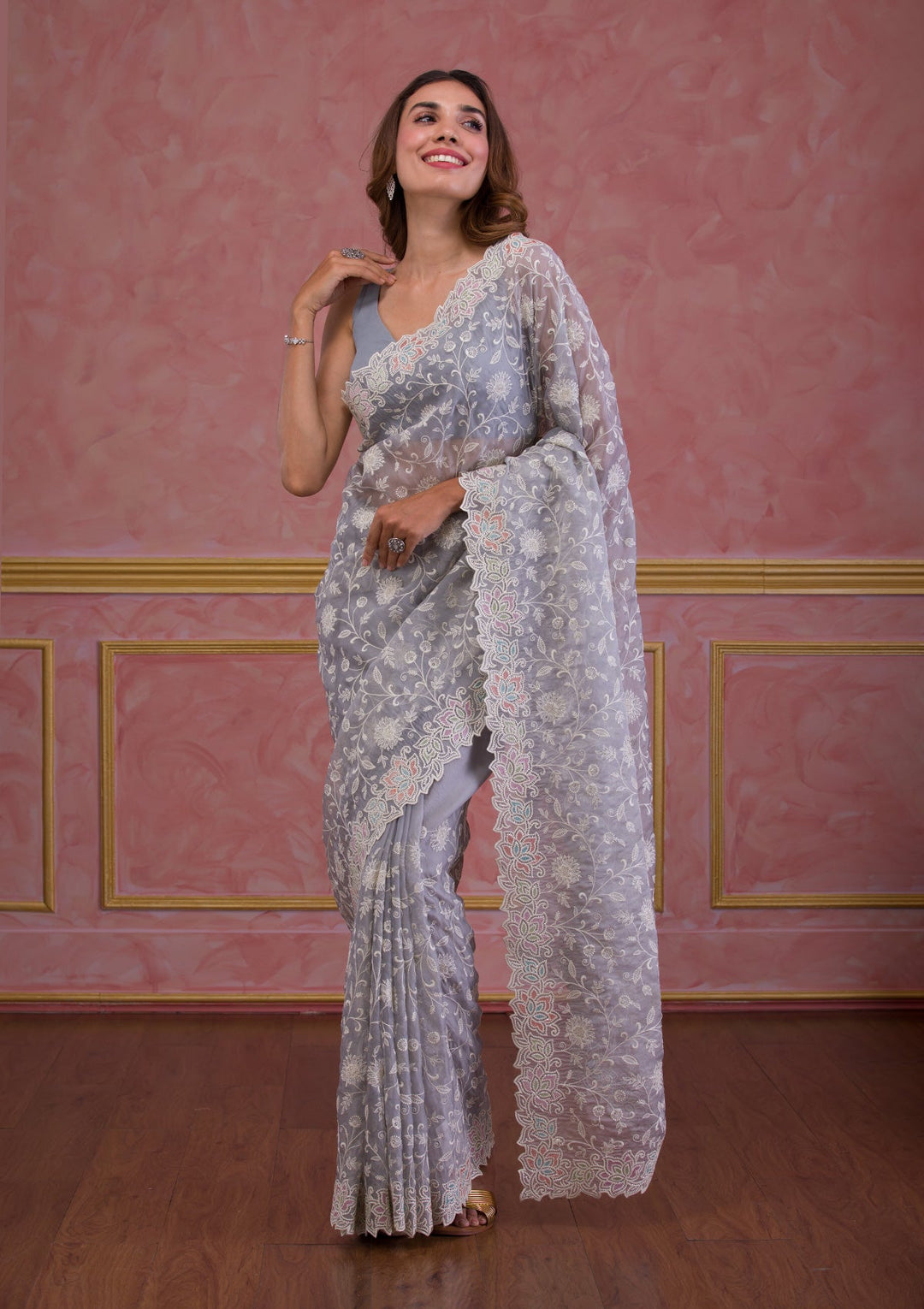 Baby Pink Sequins Georgette Designer Saree-Koskii
