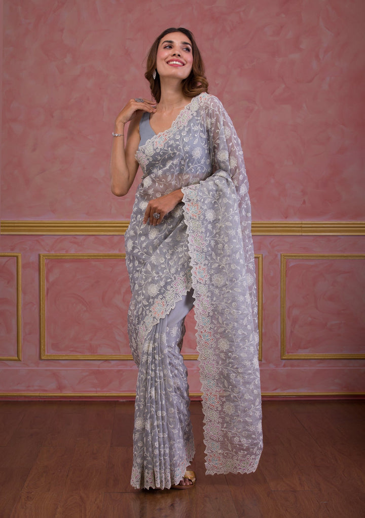 Baby Pink Sequins Georgette Designer Saree-Koskii