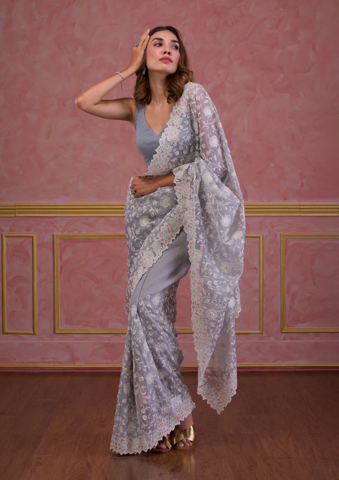 Grey Threadwork Organza Designer Saree-Koskii