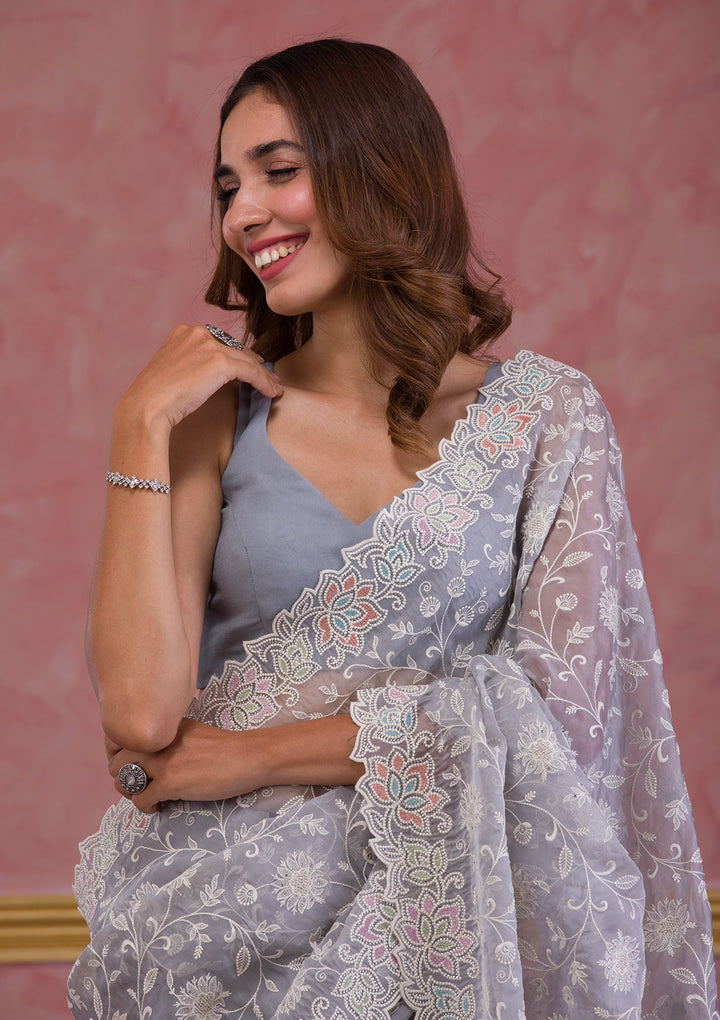 Baby Pink Sequins Georgette Designer Saree-Koskii