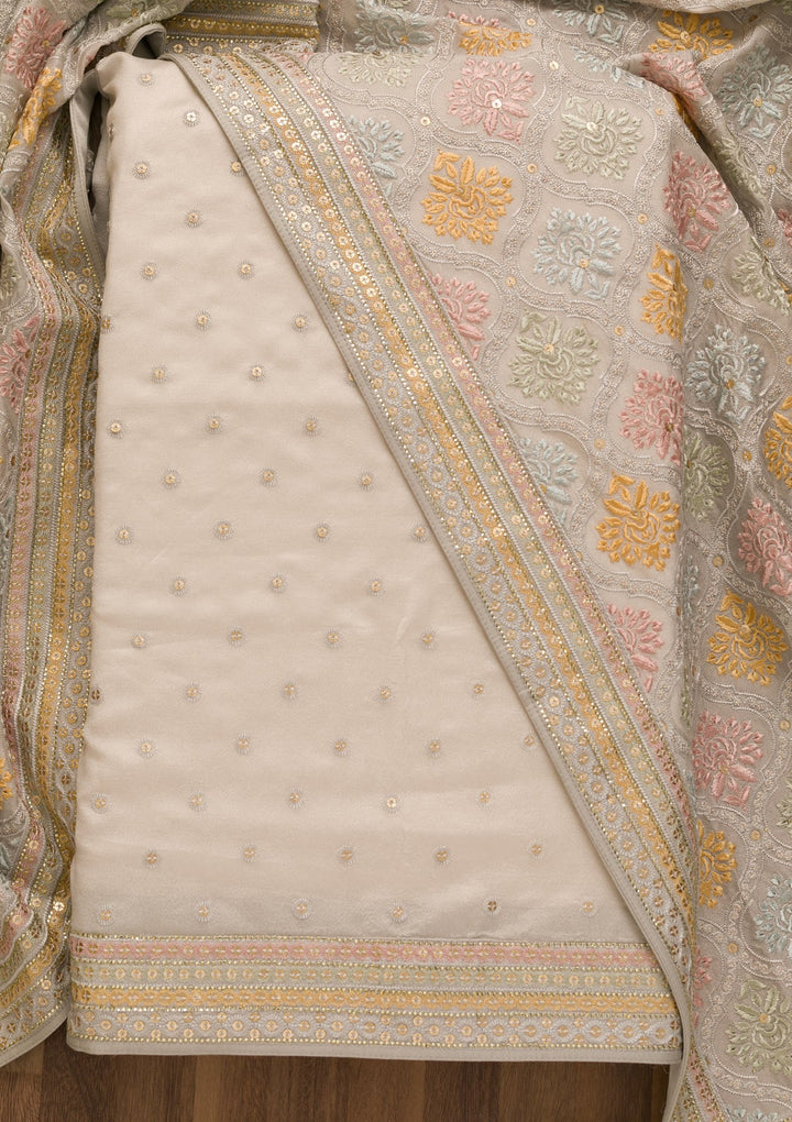 Grey Threadwork Crepe Unstitched Salwar Kameez-Koskii