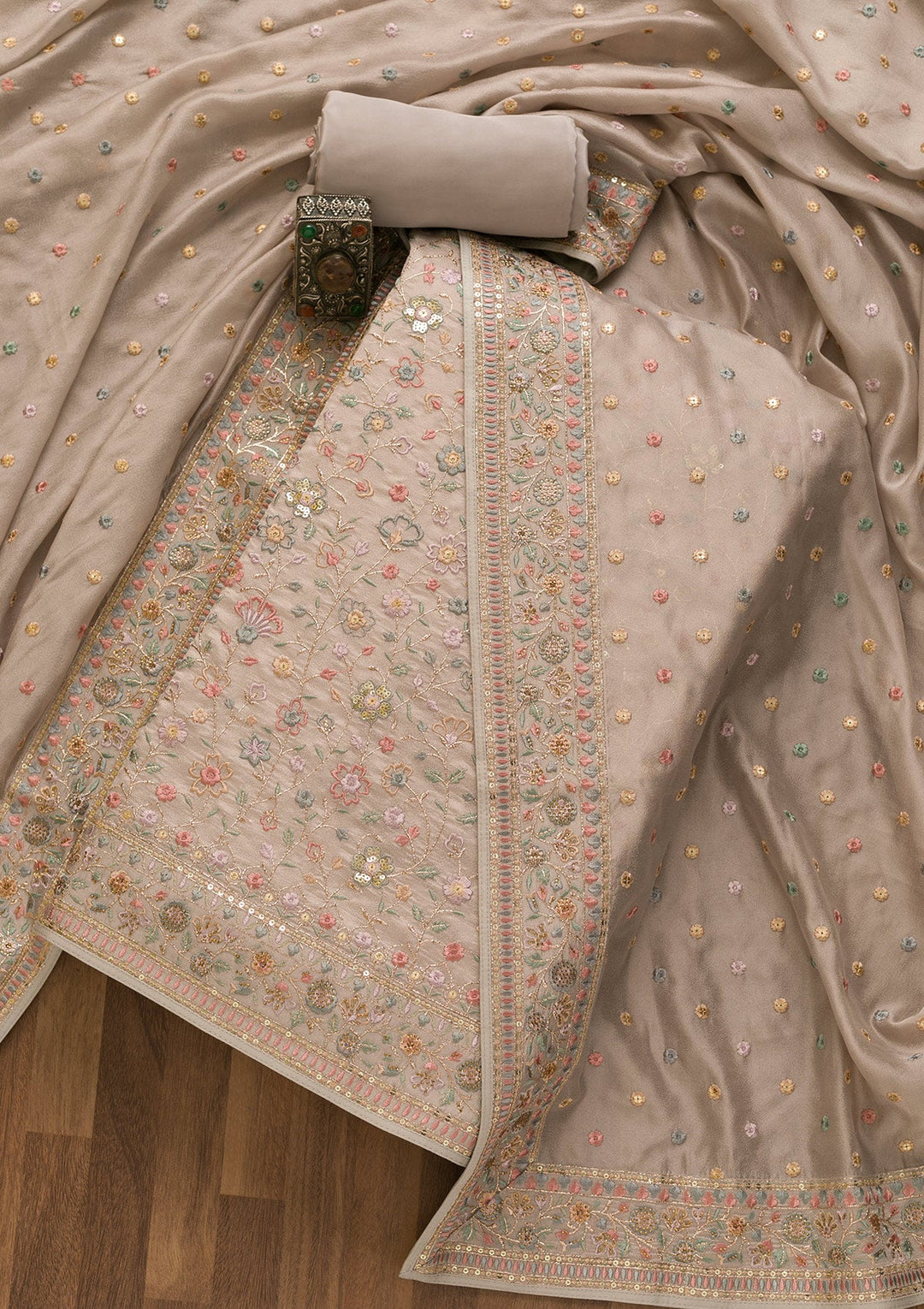 Grey Threadwork Crepe Unstitched Salwar Kameez-Koskii