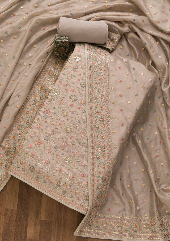 Grey Threadwork Crepe Unstitched Salwar Kameez-Koskii