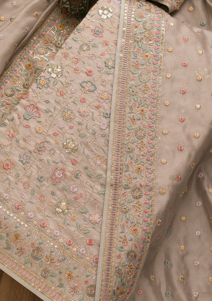 Grey Threadwork Crepe Unstitched Salwar Kameez-Koskii